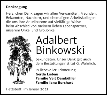 Traueranzeige von Adalbert Binkowski von Super Sonntag Mansfelder Land