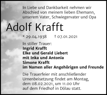 Traueranzeige von Adolf Krafft von Mitteldeutsche Zeitung Halle/Saalkreis