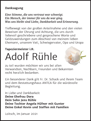 Traueranzeige von Adolf Rühle von Super Sonntag Zeitz