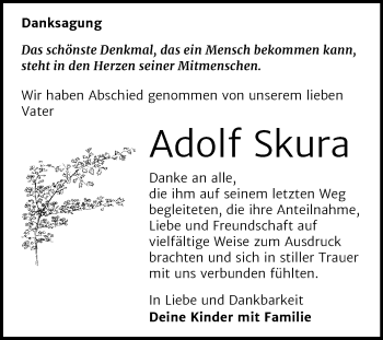 Traueranzeige von Adolf Skura von Super Sonntag Mansfelder Land