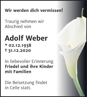 Traueranzeige von Adolf Weber von Mitteldeutsche Zeitung Bernburg