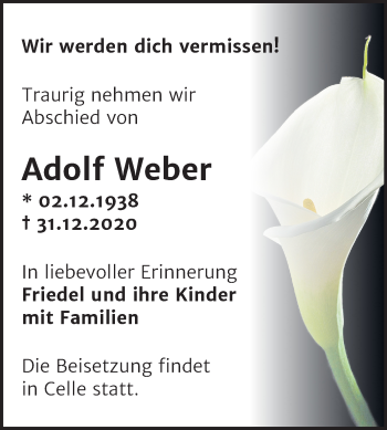 Traueranzeige von Adolf Weber von Super Sonntag Bernburg