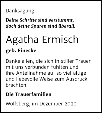 Traueranzeige von Agatha Ermisch von Super Sonntag Sangerhausen