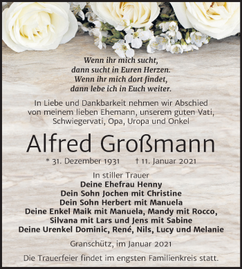 Traueranzeige von Alfred Großmann von Super Sonntag Weißenfels