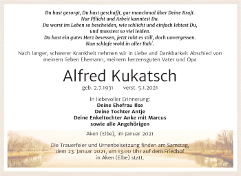Traueranzeige von Alfred Kukatsch von Mitteldeutsche Zeitung Köthen