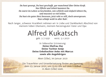 Traueranzeige von Alfred Kukatsch von Super Sonntag Köthen