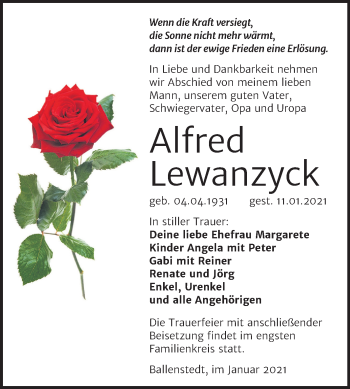 Traueranzeige von Alfred Lewanzyck von Mitteldeutsche Zeitung Quedlinburg