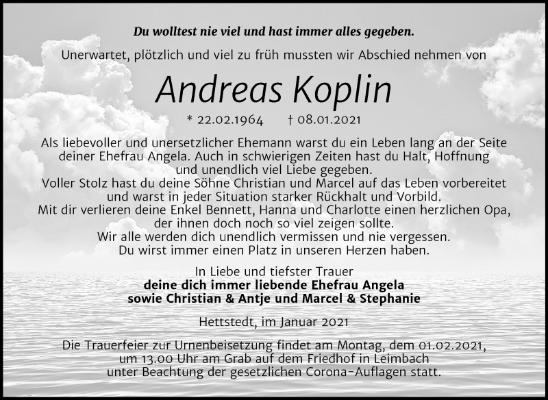 Traueranzeige für Andreas Koplin vom 21.01.2021 aus Mitteldeutsche Zeitung Mansfelder Land