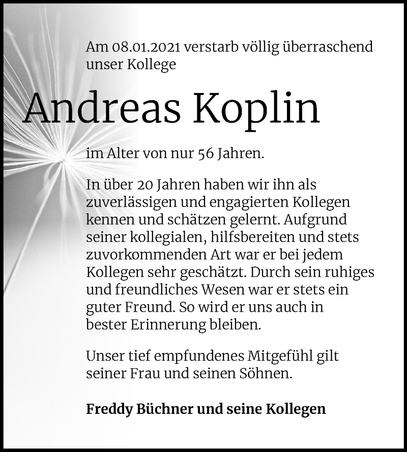  Traueranzeige für Andreas Koplin vom 30.01.2021 aus Super Sonntag Mansfelder Land