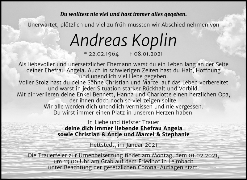  Traueranzeige für Andreas Koplin vom 23.01.2021 aus Super Sonntag Mansfelder Land