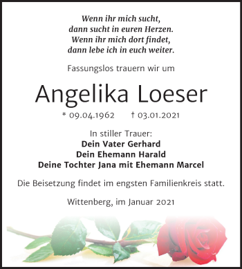Traueranzeige von Angelika Loeser von Super Sonntag Wittenberg