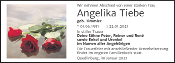 Traueranzeige von Angelika Tiebe von Super Sonntag Quedlinburg
