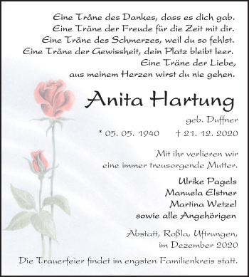 Traueranzeige von Anita Hartung von Super Sonntag Sangerhausen
