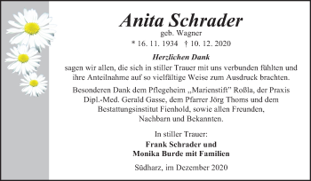 Traueranzeige von Anita Schrader von Super Sonntag Sangerhausen