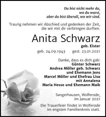 Traueranzeige von Anita Schwarz von Mitteldeutsche Zeitung Mansfelder Land / Sangerhausen