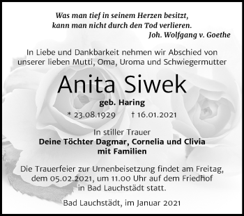 Traueranzeige von Anita Siwek von Mitteldeutsche Zeitung Merseburg/Querfurt