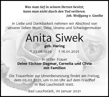 Traueranzeige von Anita Siwek von Super Sonntag Merseburg/Querfurt