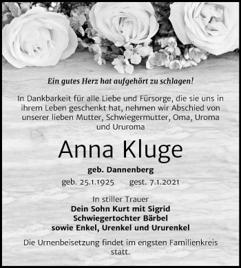 Traueranzeige von Anna Kluge von Super Sonntag Köthen
