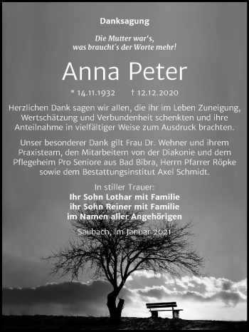Traueranzeige von Anna Peter von Super Sonntag Naumburg/Nebra