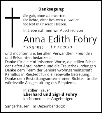 Traueranzeige von Anna Edith Fohry von Super Sonntag Sangerhausen