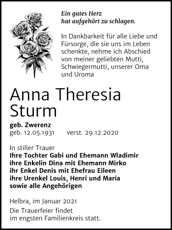 Traueranzeige von Anna Theresia Sturm von Super Sonntag Mansfelder Land