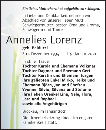 Traueranzeige von Annelies Lorenz von Mitteldeutsche Zeitung Zeitz
