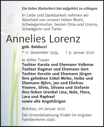 Traueranzeige von Annelies Lorenz von Super Sonntag Zeitz