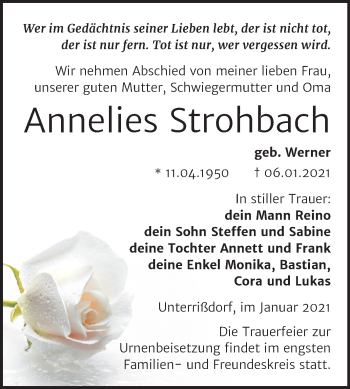 Traueranzeige von Annelies Strohbach von Mitteldeutsche Zeitung Mansfelder Land