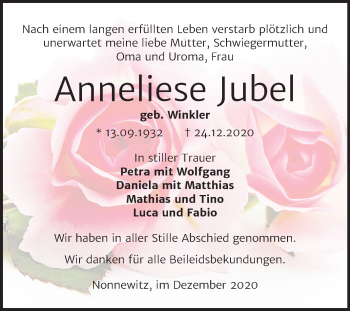 Traueranzeige von Anneliese Jubel von Super Sonntag Zeitz
