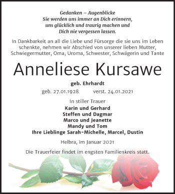 Traueranzeige von Anneliese Kursawe von Mitteldeutsche Zeitung Mansfelder Land
