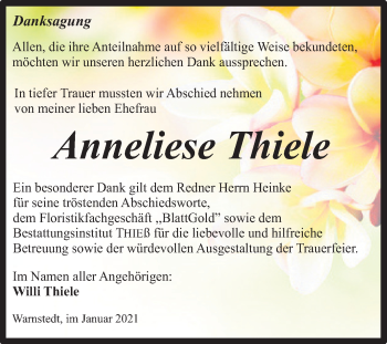 Traueranzeige von Anneliese Thiele von Super Sonntag Quedlinburg