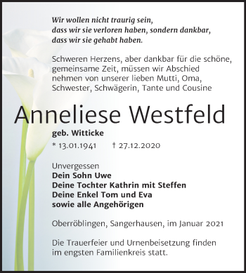 Traueranzeige von Anneliese Westfeld von Mitteldeutsche Zeitung Sangerhausen