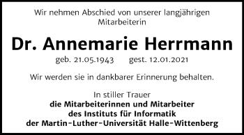 Traueranzeige von Annemarie Herrmann von Mitteldeutsche Zeitung Halle/Saalkreis