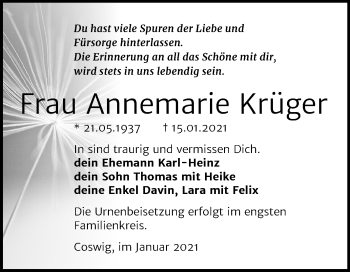 Traueranzeige von Annemarie Krüger von Super Sonntag Wittenberg