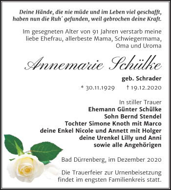 Traueranzeige von Annemarie Schülke von Super Sonntag Merseburg/Querfurt