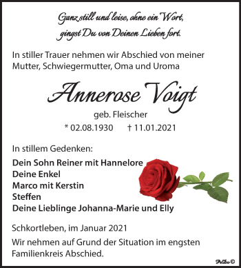 Traueranzeige von Annerose Voigt von Mitteldeutsche Zeitung Weißenfels