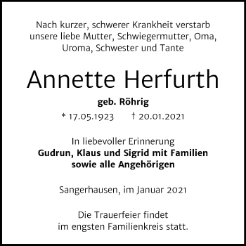 Traueranzeige von Annette Herfurth von Mitteldeutsche Zeitung Sangerhausen
