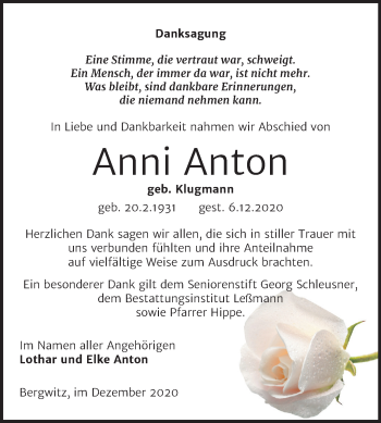 Traueranzeige von Anni Anton von Super Sonntag Wittenberg