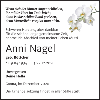 Traueranzeige von Anni Nagel von Super Sonntag Sangerhausen
