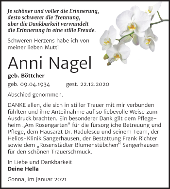 Traueranzeige von Anni Nagel von Mitteldeutsche Zeitung Sangerhausen