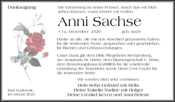 Traueranzeige von Anni Sachse von Super Sonntag Quedlinburg