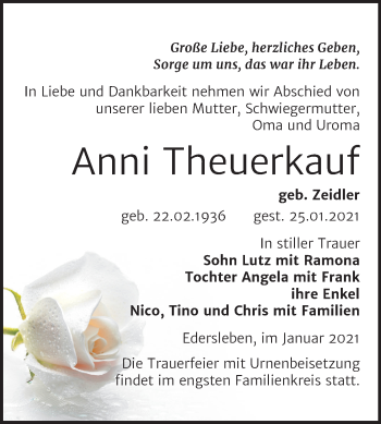 Traueranzeige von Anni Theuerkauf von Super Sonntag Sangerhausen
