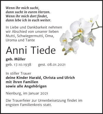 Traueranzeige von Anni Tiede von Super Sonntag Bernburg