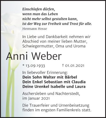 Traueranzeige von Anni Weber von Super Sonntag Aschersleben
