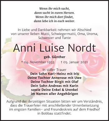 Traueranzeige von Anni Luise Nordt von Mitteldeutsche Zeitung Bitterfeld