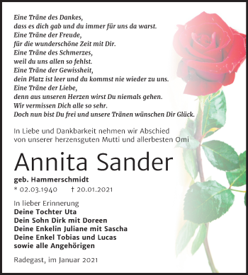 Traueranzeige von Annita Sander von Super Sonntag Köthen
