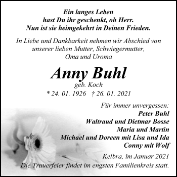Traueranzeige von Anny Buhl von Super Sonntag Sangerhausen