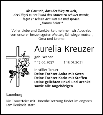 Traueranzeige von Aurelia Kreuzer von Mitteldeutsche Zeitung Naumburg/Nebra