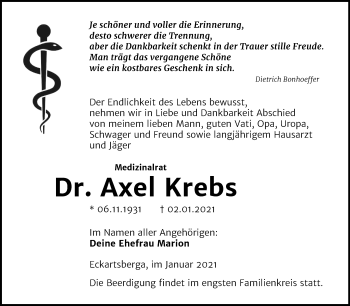 Traueranzeige von Axel Krebs von Super Sonntag Naumburg/Nebra