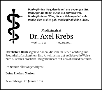 Traueranzeige von Axel Krebs von Mitteldeutsche Zeitung Naumburg/Nebra